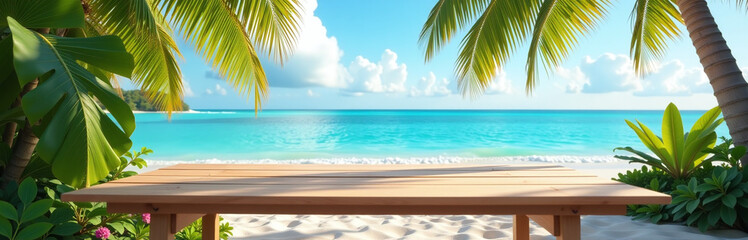 Obraz premium A Wooden Desk Sits In Open Space Against A Backdrop Of Vibrant Tropical Colors And Soothing Beach Scenery. 00001