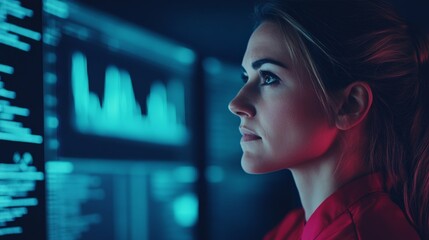 Fototapeta premium Young Woman Analyzing Data in Low Light with Digital Display Background