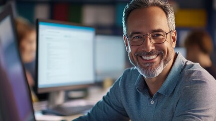 Obraz premium Smiling Programmer at Work: A friendly, mature programmer with glasses smiles warmly at the camera, immersed in his work in a brightly lit office setting. The image conveys professionalism, expertise.