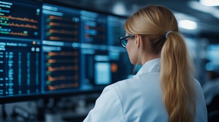 Female Scientist Analyzing Data on Multiple Screens in Modern Laboratory Setting