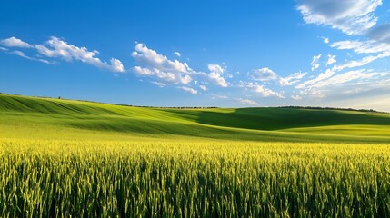 Obraz premium Serene Rolling Field with Lush Green Crops Under Blue Sky and Puffy Clouds : Generative AI