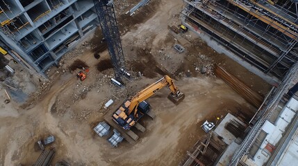 Construction Site with Excavator and Building Framework in Process of Development : Generative AI