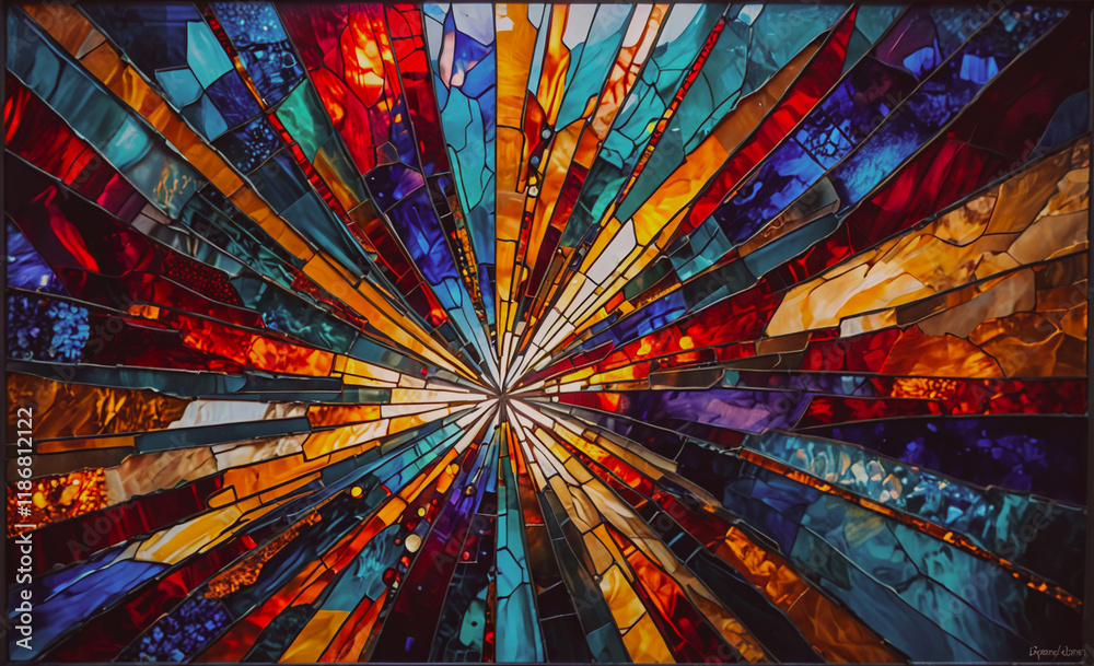 Poster colorful stained glass window with a large blue circle in the center. the circle is surrounded by a 
