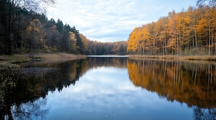 Fototapeta premium Tranquil Autumn Lake Reflecting Vibrant Fall Foliage and Clear Blue Sky : Generative AI