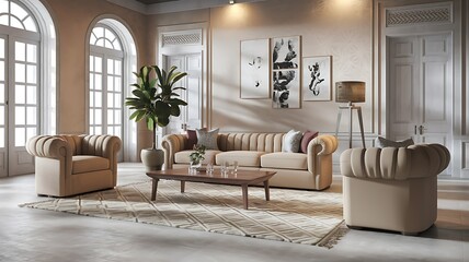 Obraz premium Beige sofa set in sunlit vintage room. Interior design, home decor, living room