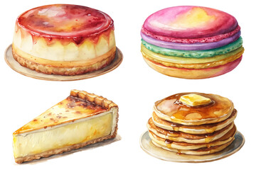 Colorful dessert illustrations, watercolor style, sweet treats, macarons, cheesecake, pancakes, artistic food design.