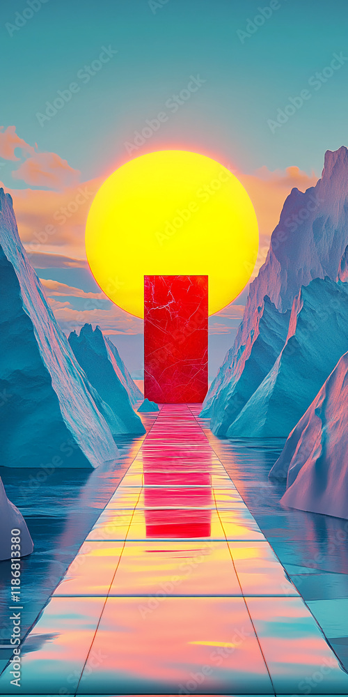 Poster surreal futuristic pathway with vibrant sun and geometric red structure
