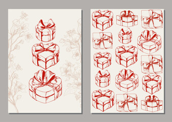 Set of cards with hand drawn gift boxes. Doodle line art vector illustration.