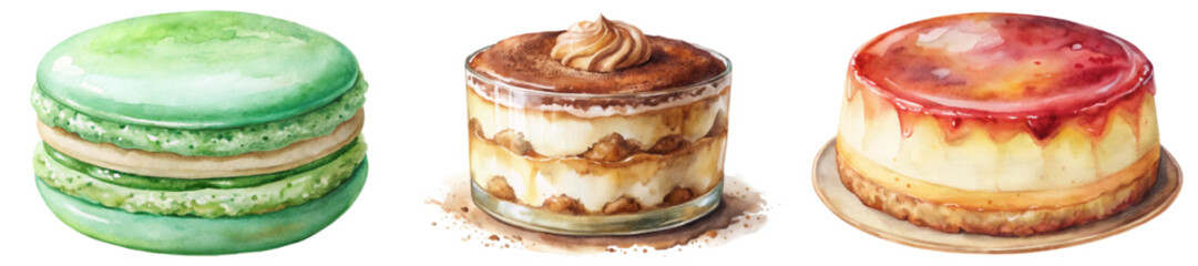Colorful dessert illustrations, watercolor style, macarons and layered cakes, sweet treats, food art, culinary design.