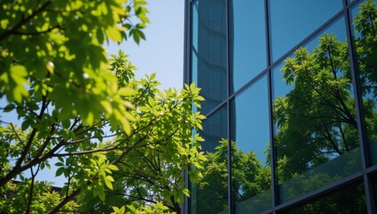Reflected on a corporate glass building Green trees symbolize environmental commitment and importance in sustainable business practices ESG Concept