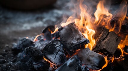 Burning firewood in a campfire, close-up.
