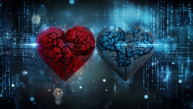 Broken red and blue hearts with gray brain patterns, digital binary code background, and AI symbol representing love and artificial intelligence.