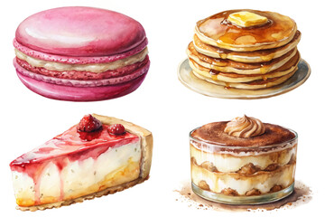 Colorful dessert illustrations, watercolor style, sweet treats, macarons, pancakes, cheesecake, tiramisu, food art.