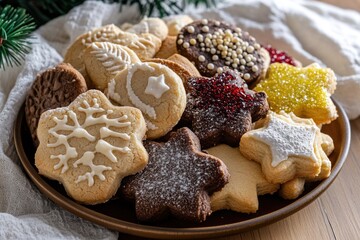 Plate of assorted cookies with a star on it. The plate is brown and has a white star on it