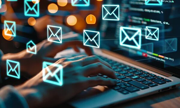 Hands typing on laptop with floating email icons representing digital communication