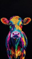 Fototapeta premium Vibrant and colorful cow portrait painting, showcasing artistic expression and a unique perspective on farm animals