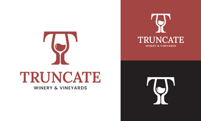 Letter Initial T Wine Glass Logo Design Template. Suitable for Bar Restaurant Cafe Winery Vineyard Pub Club Business Brand Company Logo Design.