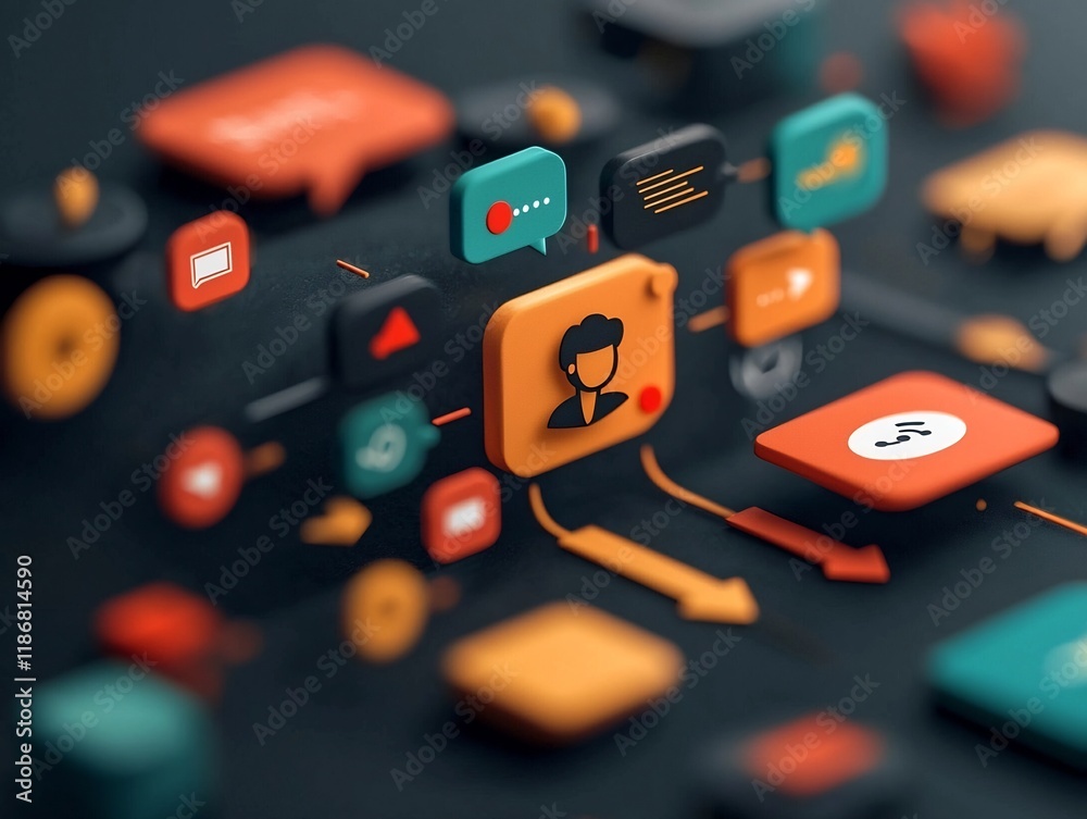 Poster fluid digital network with cascading hand drawn user interface icons messaging symbols and abstract 