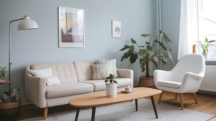 Modern living room interior design, calm atmosphere, apartment, plants. Use home decor inspiration