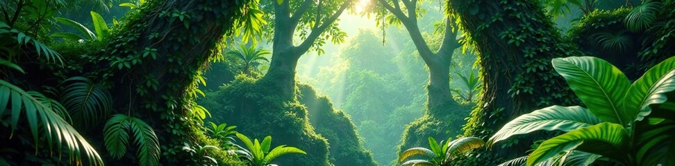 Lush jungle canopy overgrown with vines and epiphytes, foliage, nature, flora