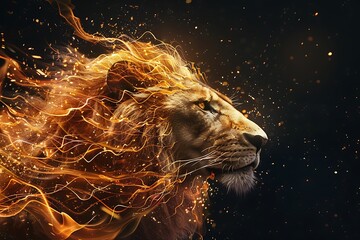 Surreal collage of a lion with a mane made of fire, blending animal and elemental themes.