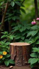 Lush green foliage adorns an empty tree stump podium in a setting perfect for natural eco-friendly product placement emphasizing sustainability organic products and nature-inspired designs