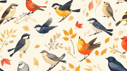 Colorful birds perching, flying amid autumn foliage, forming seamless seasonal pattern with vibrant woodland texture
