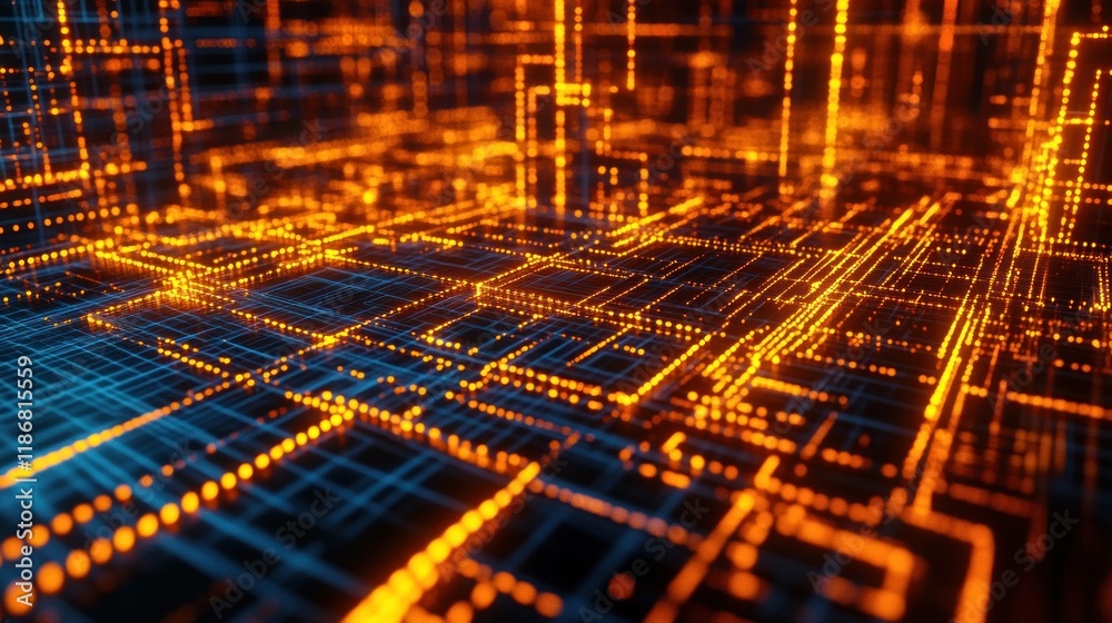 Poster abstract digital network data flow visualization futuristic cyberspace technology orange and blue gl