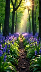 Morning sun casts dappled shadows on bluebells, dappled, bluebell forest, woodland path
