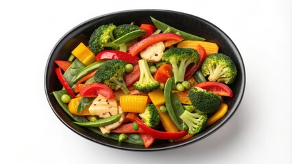 Stir-fried Chicken and Veggie Bowl Colorful Composition in Black Bowl, Healthy Food Photography, Overhead View Vegetarian, Recipe