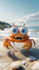 Obraz premium Cartoon crab strolling sandy shoreline, radiating happiness under bright sunlight during tropical beach vacation