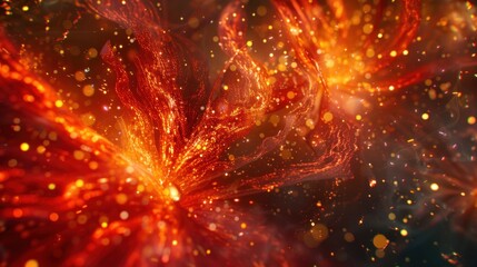 Abstract fiery nebula with glowing particles.