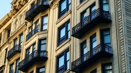 Obraz premium Elegant Urban Residential Building Facade with Ornate Balconies and Windows : Generative AI