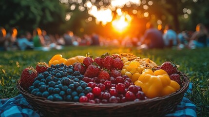 Naklejka premium A Colorful Basket of Fresh Fruits Surrounded by Nature During a Sunset Gathering, Perfect for Summer Picnics and Outdoor Activities