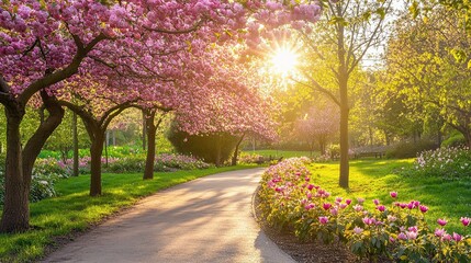 Naklejka premium Beautiful Spring Pathway with Pink Blossoms and Sunlight Glow