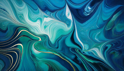 Fototapeta premium blue and green smooth marbled surface digital artwork background with chaotic line designs