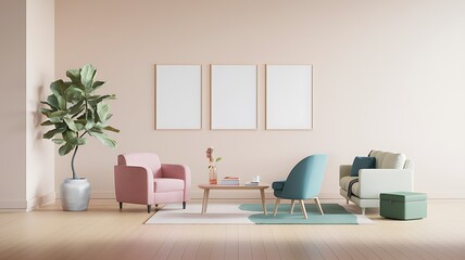 Fototapeta premium Pastel living room interior design, minimalist furniture, modern decor, calm atmosphere, home design
