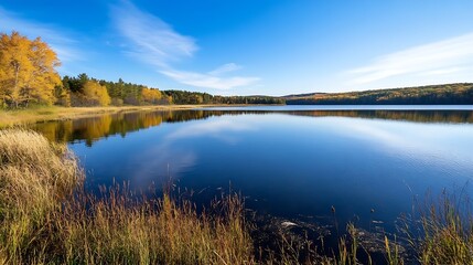 Fototapeta premium Tranquil Lake Landscape with Reflections of Autumn Trees Under a Clear Blue Sky : Generative AI