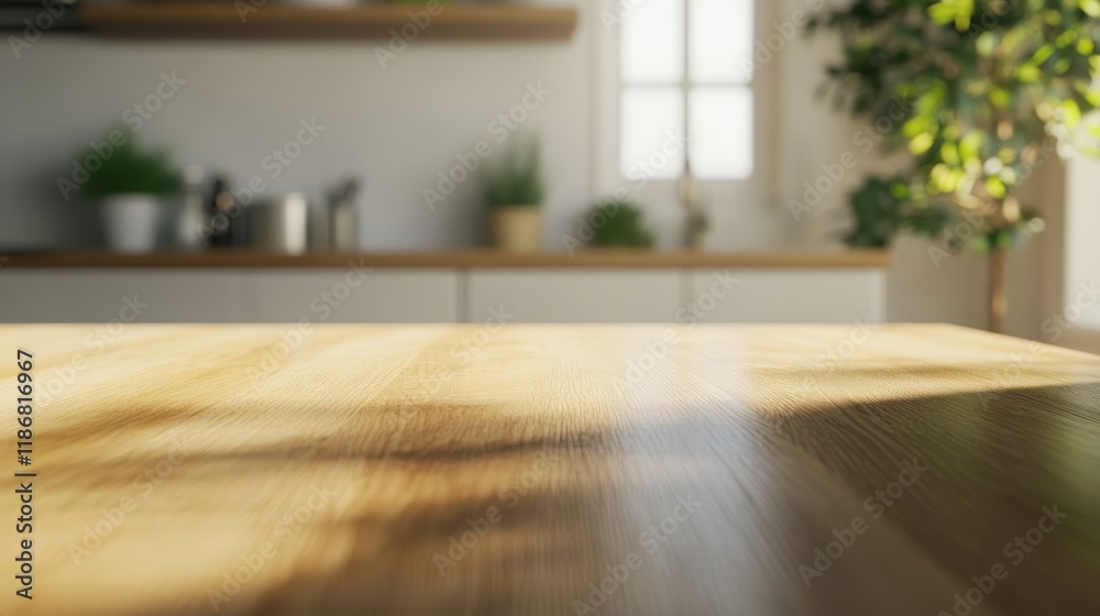 Poster sunlight streaming through a window highlights an empty wooden table in a modern kitchen interior, f