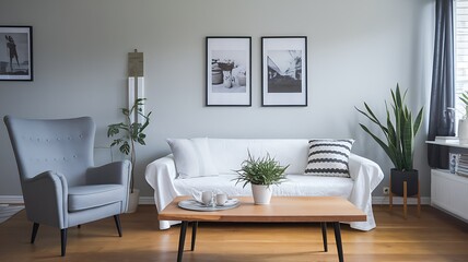 Fototapeta premium Modern living room interior design, Scandinavian style apartment, calm atmosphere, cozy furniture. Use Home d?cor inspiration