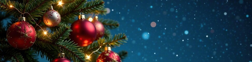 Obraz premium Ornaments and lights adorn the branches of an elegant decorated Christmas tree against the backdrop of a starry night, night sky, holiday, ornaments