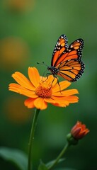 Orange flower's sweet fragrance attracts a monarch's attention, insects, wildflowers
