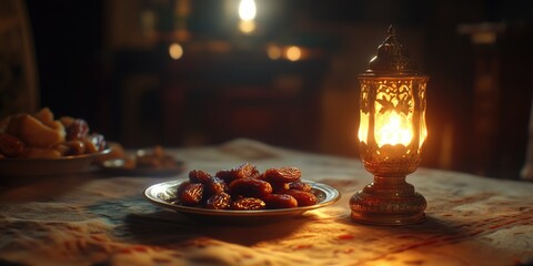 Table with a plate of nuts and a lantern. The lantern is lit and the table is set for a meal