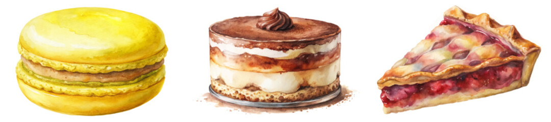 Colorful desserts, watercolor illustration, macarons, layered cake, fruit pie, sweet treats, bakery art.