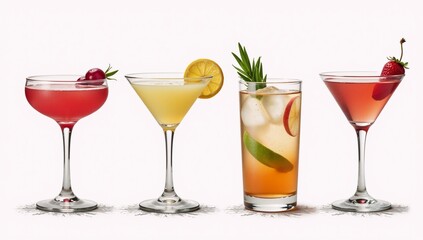 Fototapeta premium Sketchy illustration showcases hand-painted summer aperitif cocktail glasses in simple design against white backdrop ideal for DIY bar menus social media advertisements and promotional materials