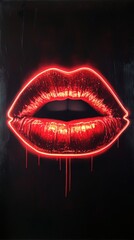 Dripping neon red lips painting, highlighting sensual artistic expression against dark backdrop