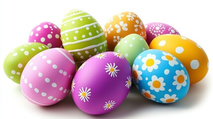 Obraz premium Easter Egg Hunt Delight: A vibrant collection of pastel-colored Easter eggs, adorned with cheerful floral and polka dot patterns, creates a festive and joyful scene, perfect for celebrating spring.