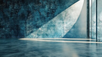Abstract Blue Wall in Empty Room with Concrete Floor and Light