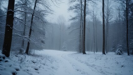Obraz premium Snowy path through a winter forest. Peaceful winter scene with snow-covered trees. Perfect for winter holiday backgrounds or winter wonderland themes