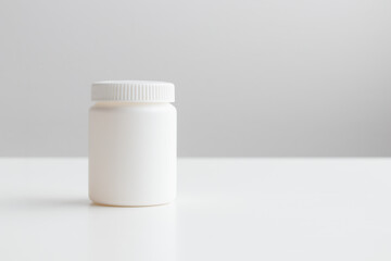 Blank white vitamin bottle. Unlabeled white nutritional supplement jar on white backdrop, custom branding, dietary product mockup, clean medicine bottle design, health care packaging presentation